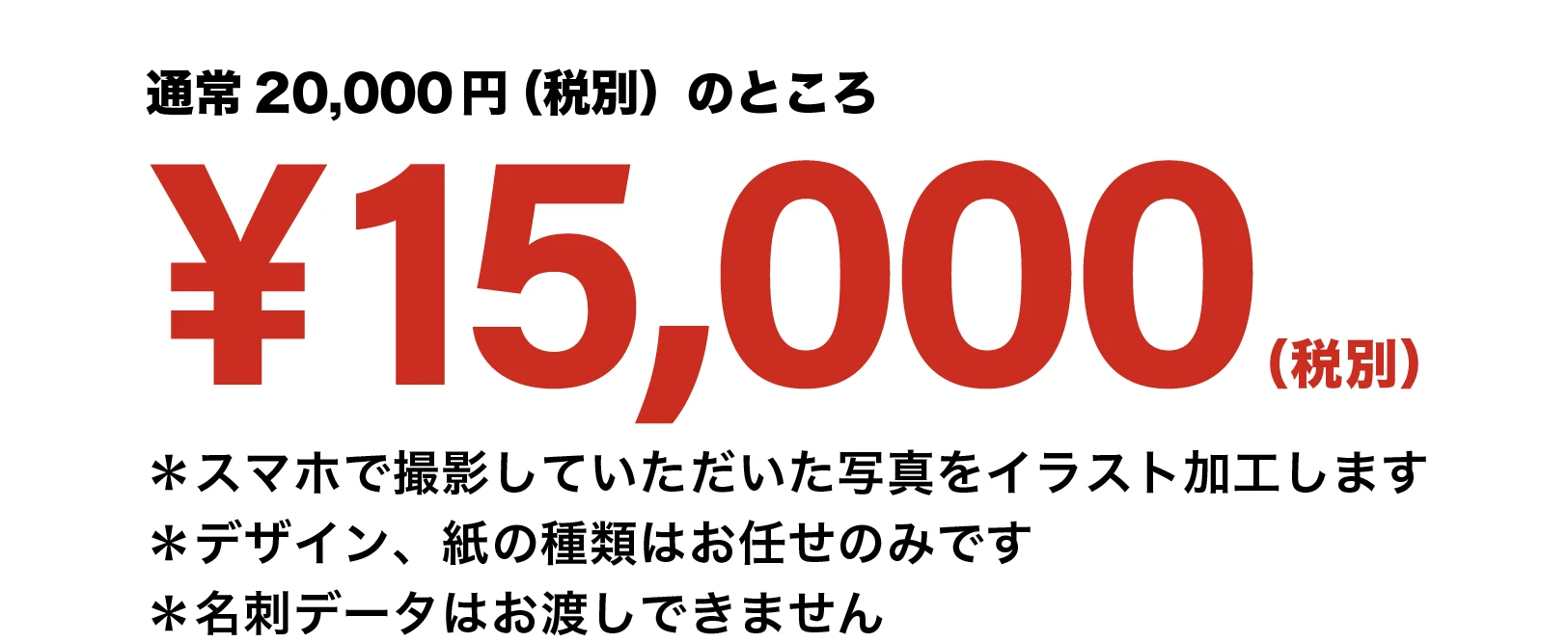 価格15,000円（税別）／スマホで撮った写真をイラスト加工／デザイン・紙の種類お任せ